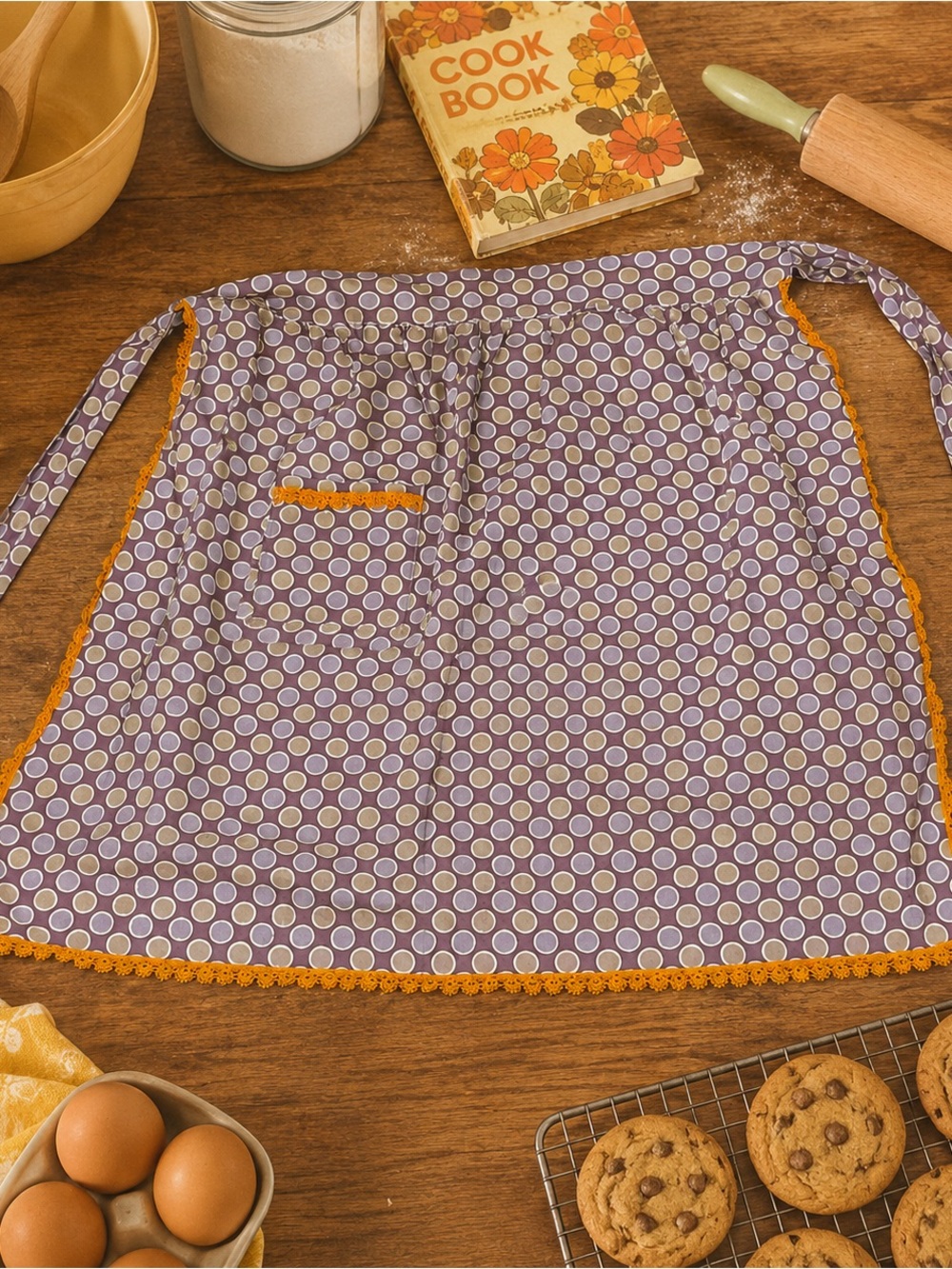 Retro Geometric Dot Half Apron Orange Lace Trim Purple Tie Waist